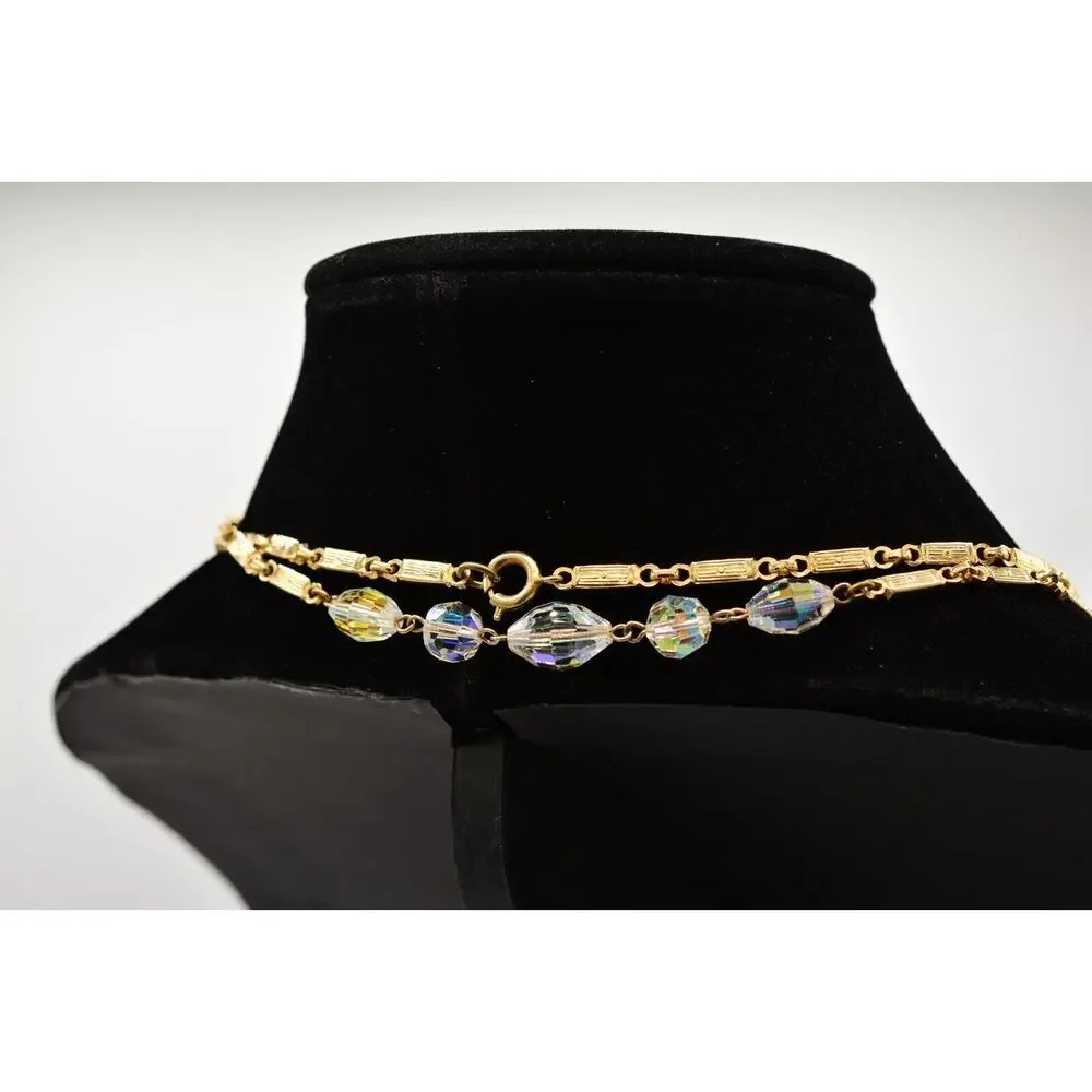 Vintage Crystal Necklace Gold Tone Chain Aurora Borealis Glass Long Sparkling 9J